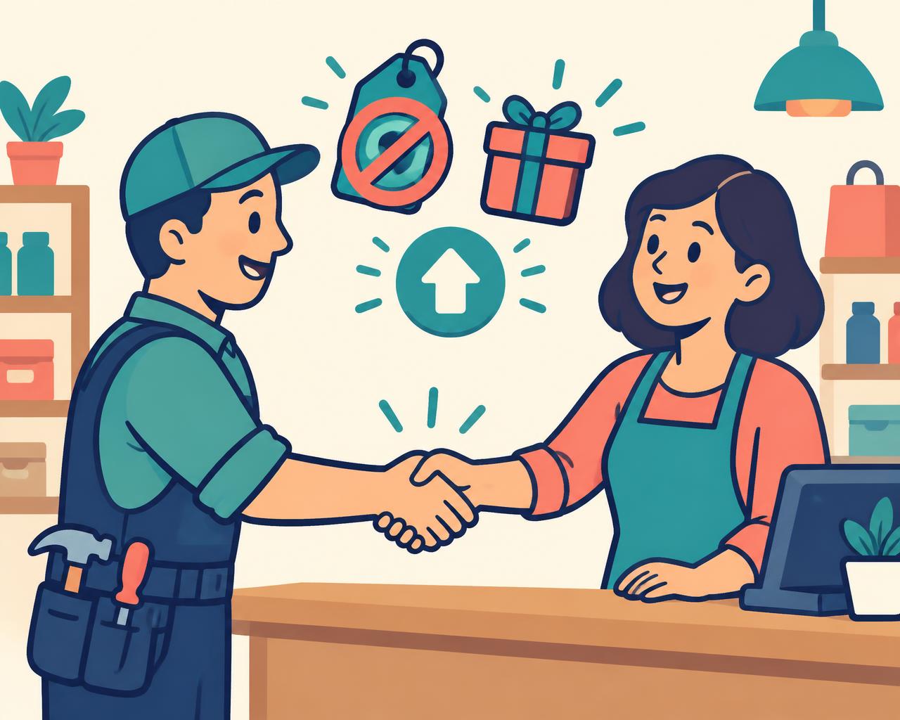 Contractor shaking hands with a shop owner under a no-charge tag and an optional upgrade icon