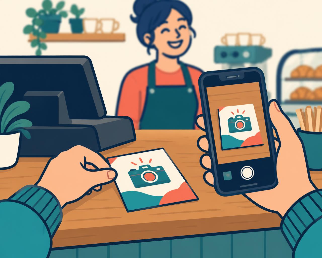 Contractor placing a flyer on a cafe counter while raising his phone to take photos