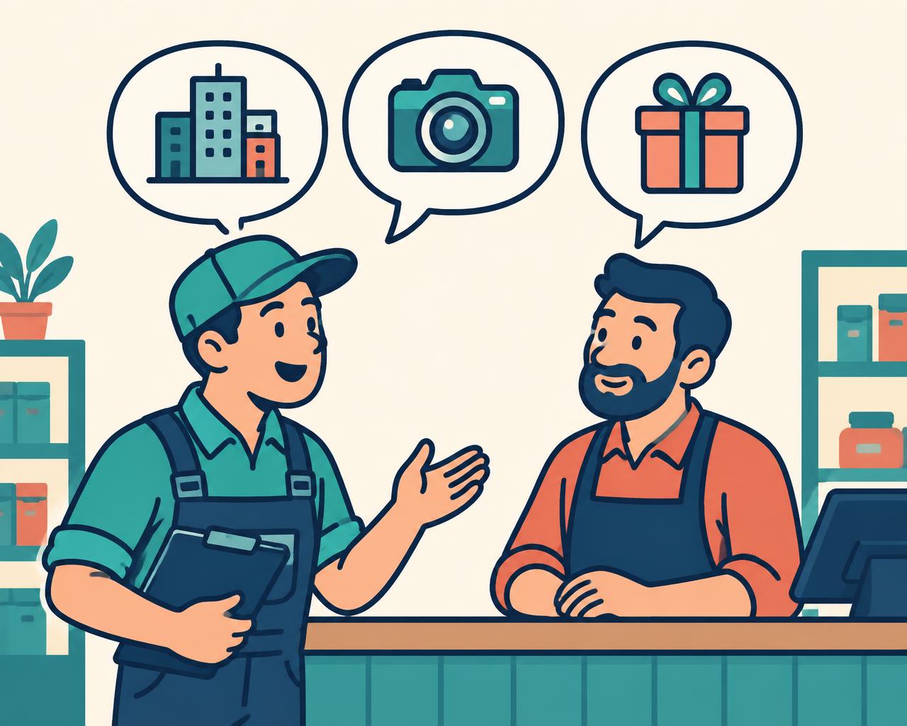 Contractor talking with a shop owner with three speech bubbles showing a city, a camera and a gift