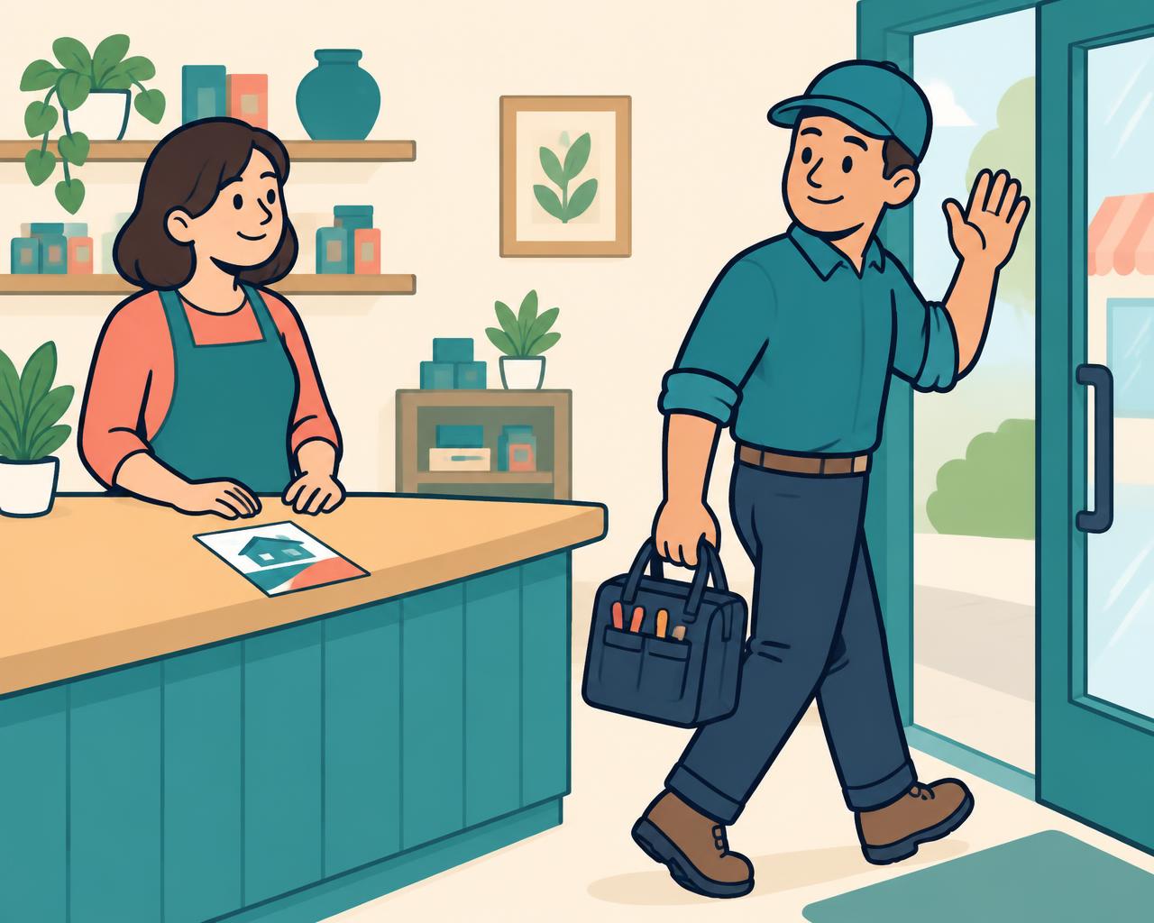 Contractor politely waving goodbye and leaving a flyer on the counter