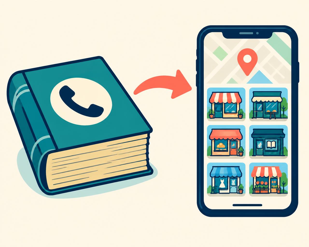An old paper telephone book with an arrow pointing to a smartphone showing business photos