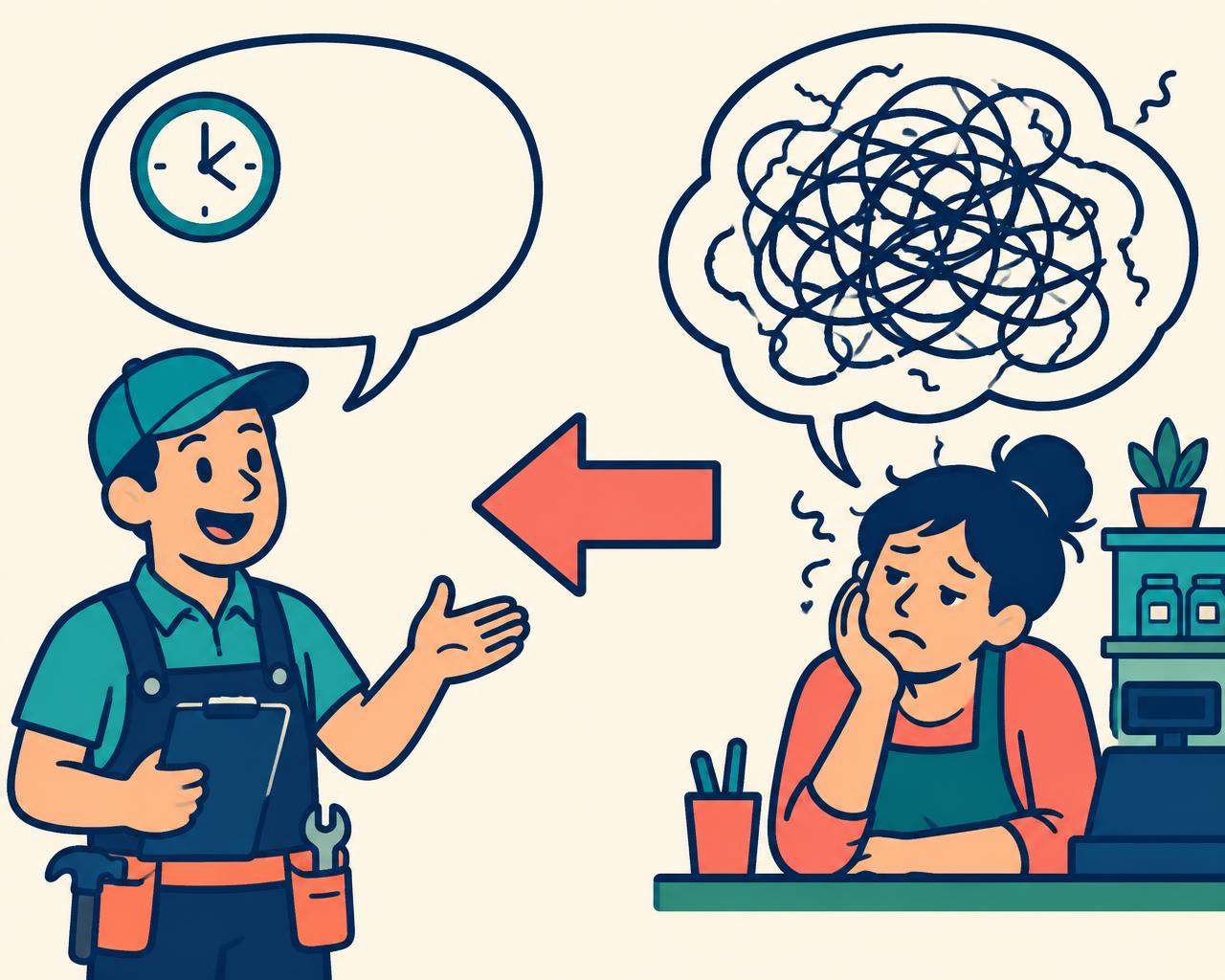 Short friendly speech bubble on the left versus a long tangled speech bubble on the right