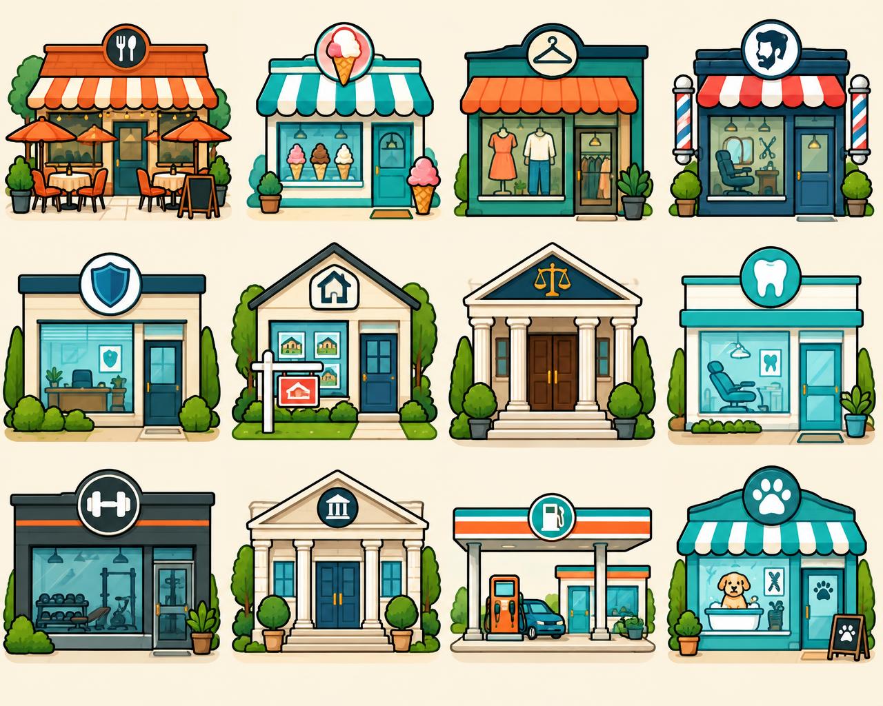 Twelve cartoon storefronts: restaurant, ice cream shop, clothing store, barbershop, insurance, real estate, law office, dental clinic, gym, bank, gas station, pet grooming
