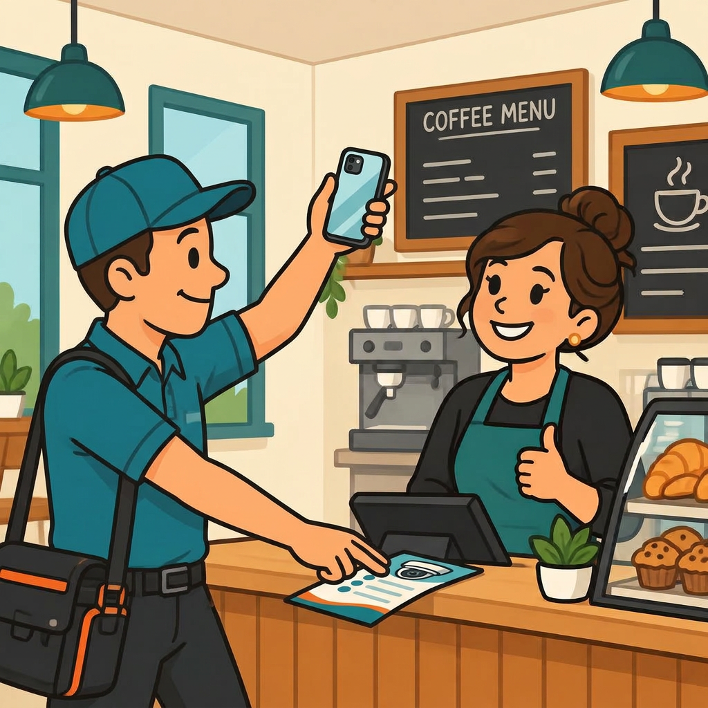 Contractor leaving a flyer on a cafe counter while raising his phone to take photos