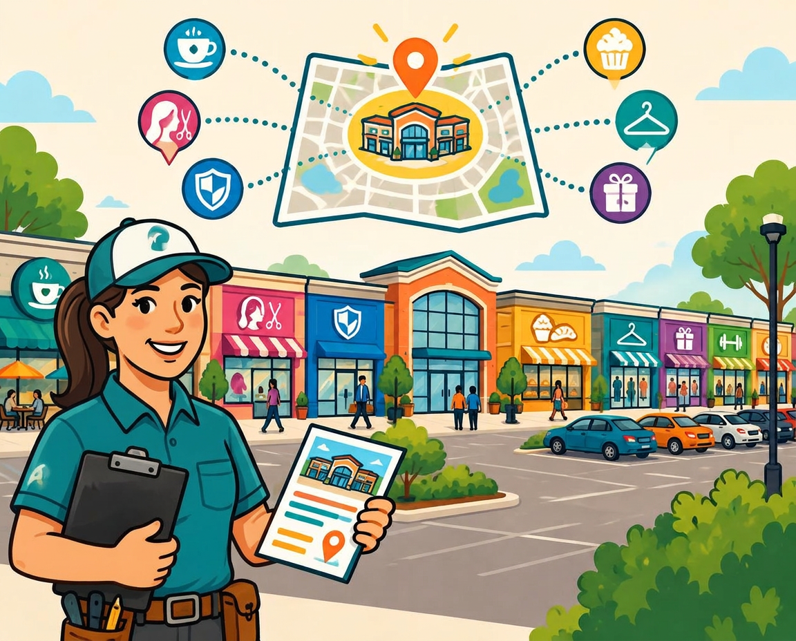 Cartoon contractor with a map in front of a shopping plaza