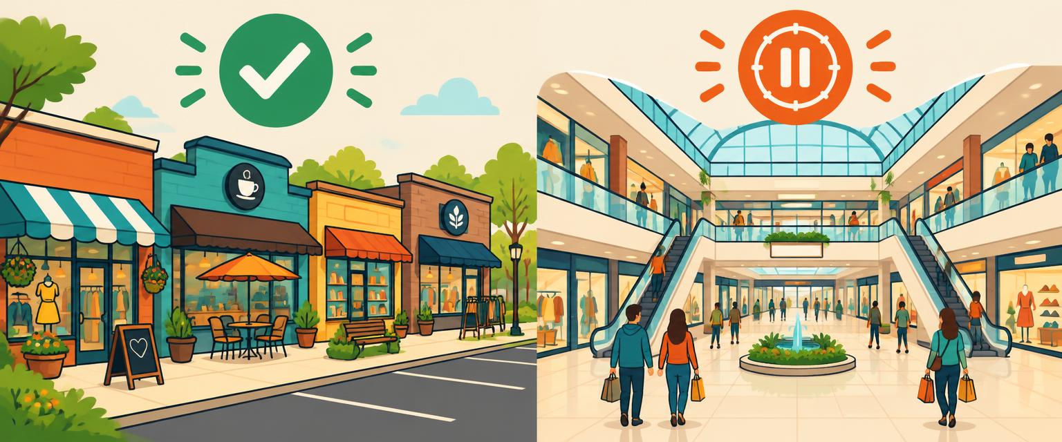 Outdoor plaza marked with a check mark next to an indoor mall marked with a pause icon