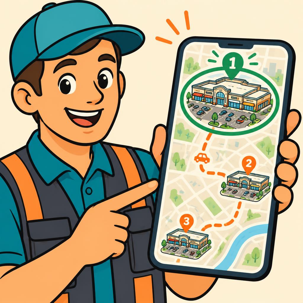 Phone map showing three numbered shopping centers connected by a driving route
