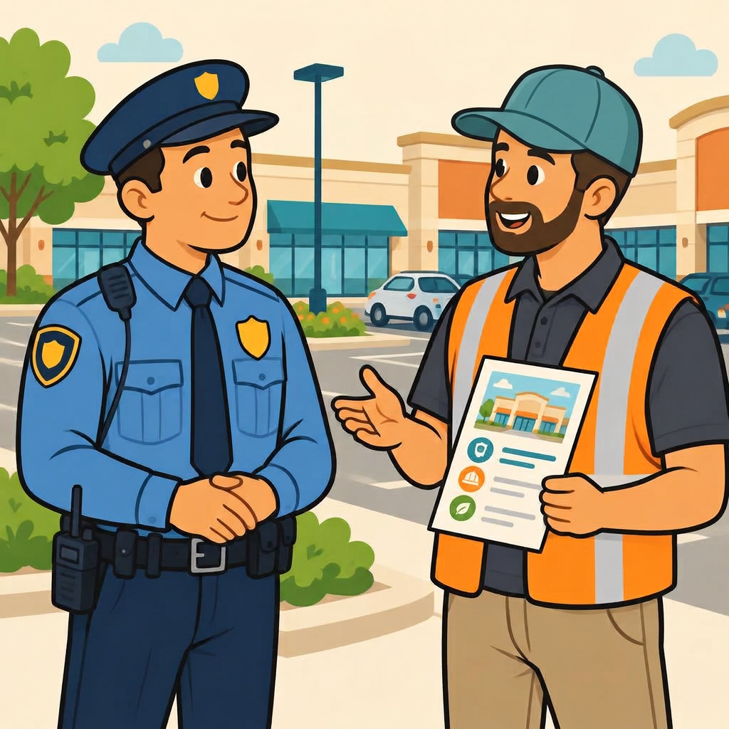 Contractor calmly explaining the project to a shopping center security guard