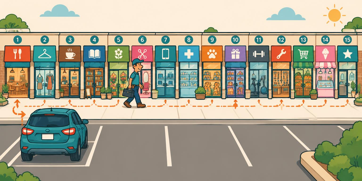 Contractor parking once and walking across a strip mall of 15 businesses