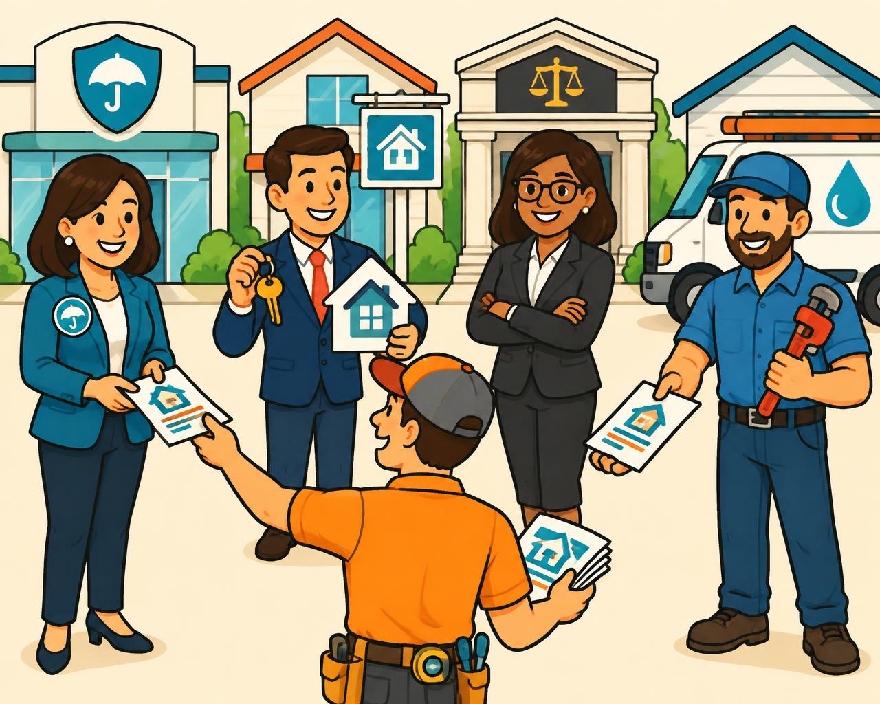 Contractor giving flyers to an insurance agent, a realtor, an attorney and a plumber