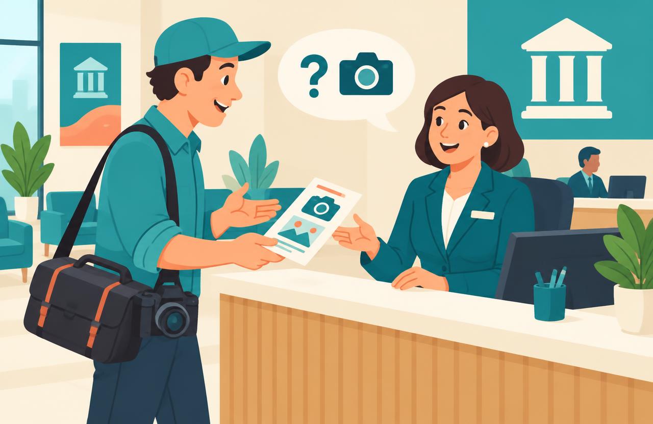 Contractor giving a flyer to a bank manager and asking permission