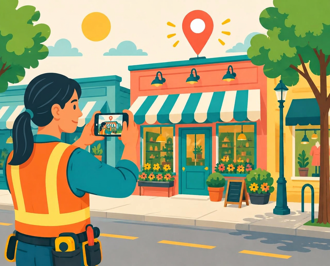 Cartoon contractor photographing a local storefront
