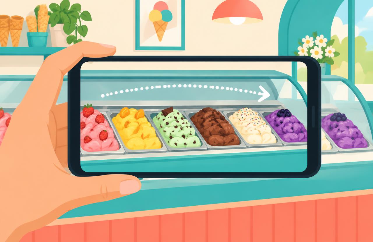 Phone slowly panning across ice cream display