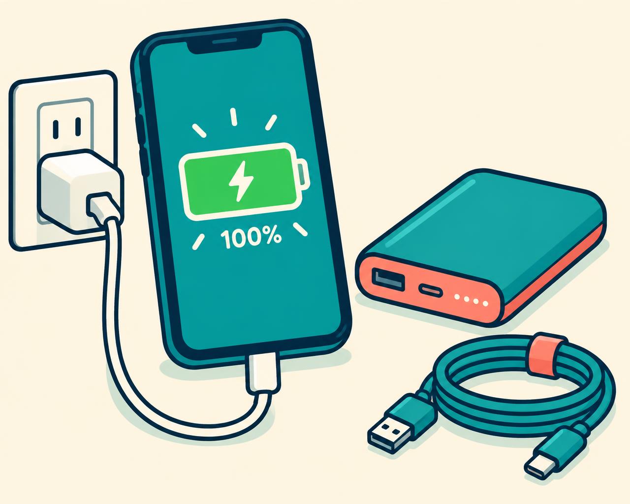Smartphone on a charger showing a full battery beside a power bank and cable