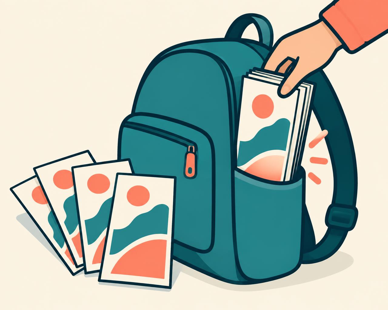 A stack of company flyers being packed into a backpack