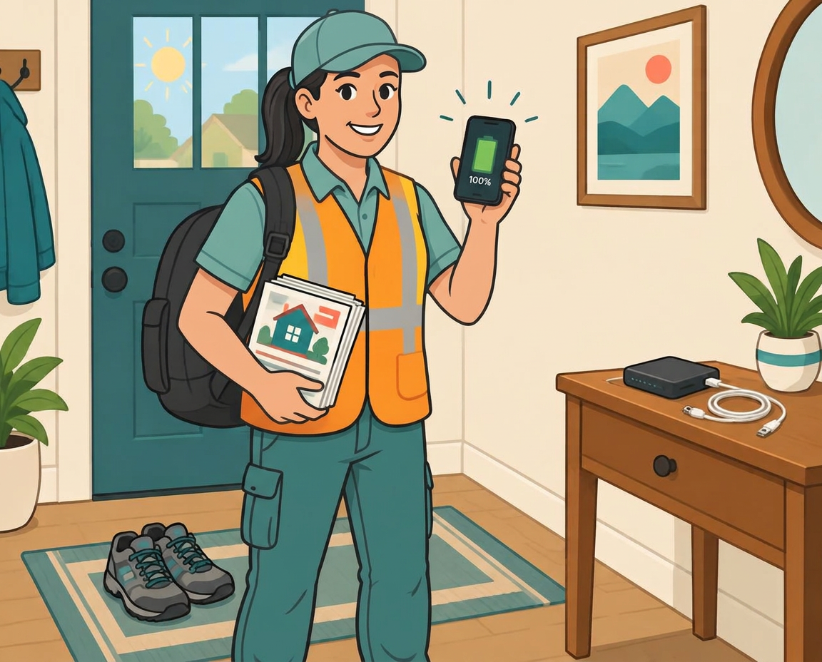 Cartoon contractor ready to leave with a charged phone, safety vest, flyers and walking shoes