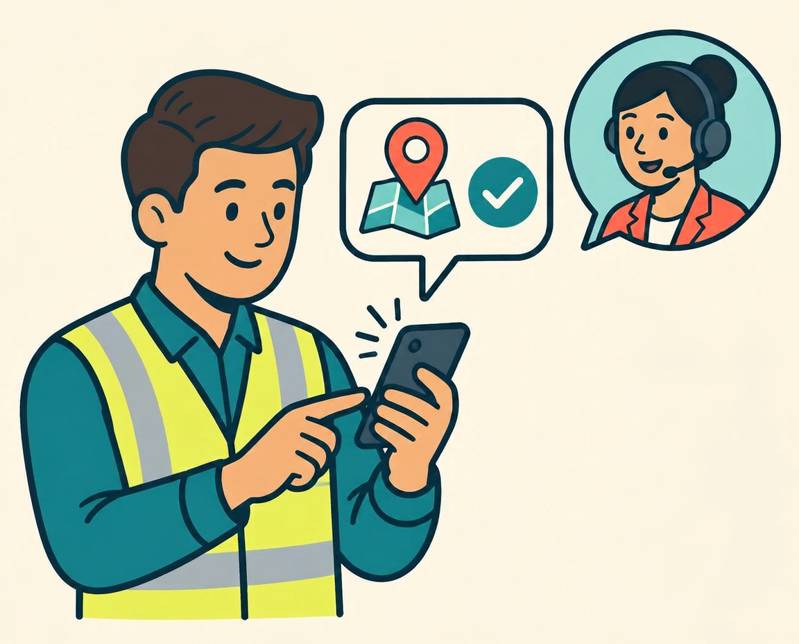 Contractor in a safety vest sending a check-in message with a map pin to a supervisor