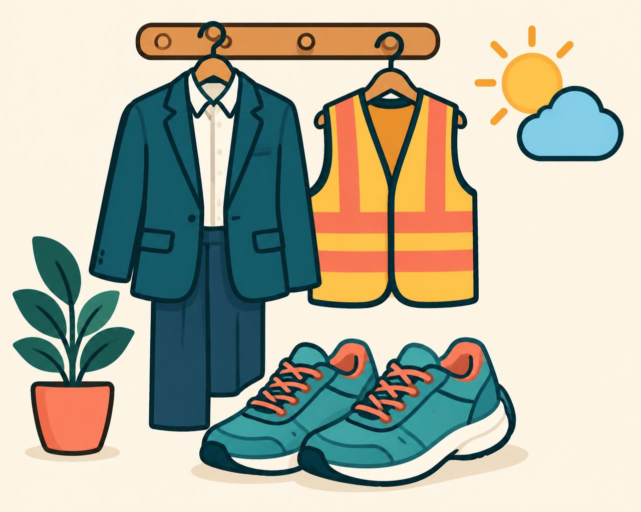 Walking sneakers, clean professional clothes and a safety vest laid out to get dressed
