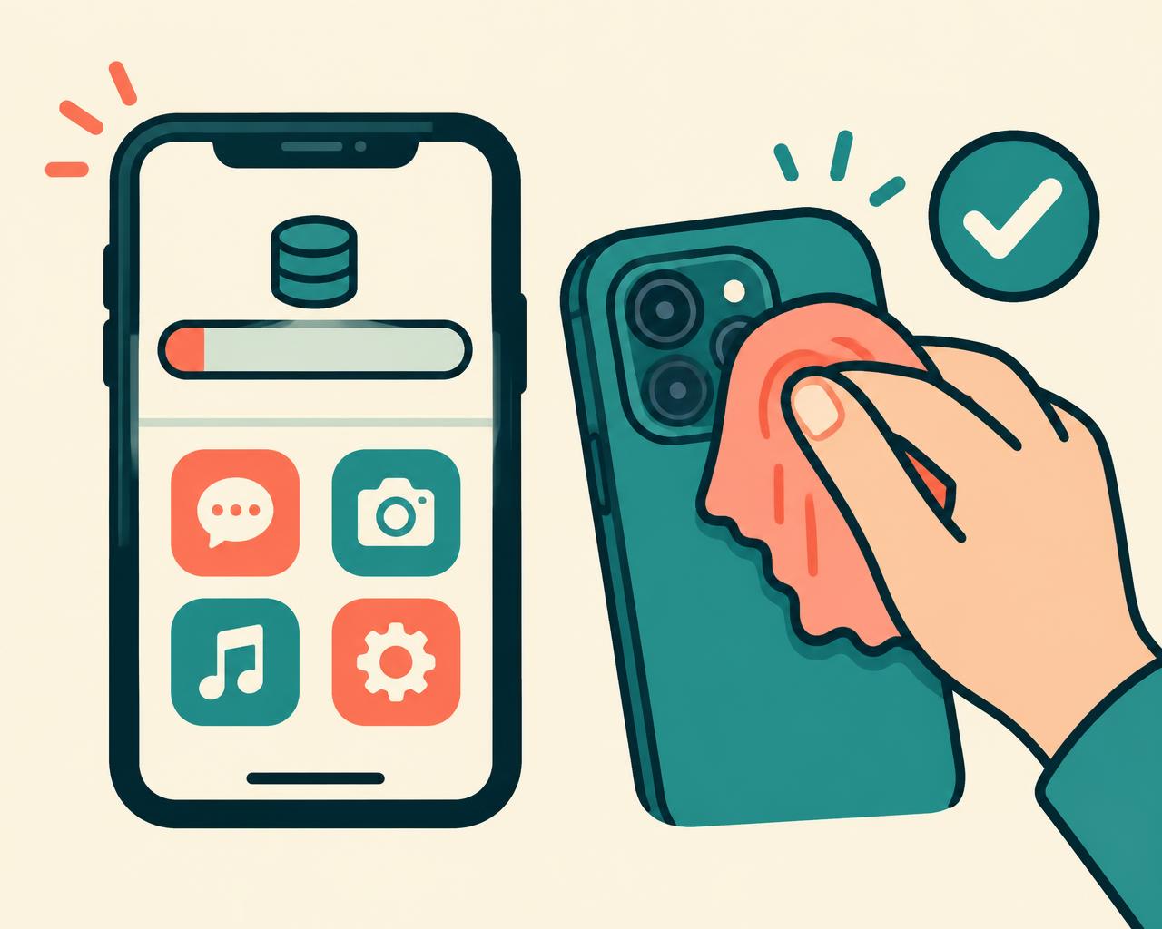Phone storage screen with free space and a hand wiping the camera lens clean